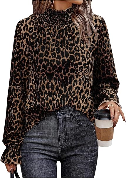 Statement Leopard Print Ruffle Neck Blouse