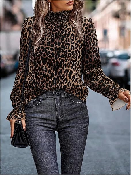 Statement Leopard Print Ruffle Neck Blouse